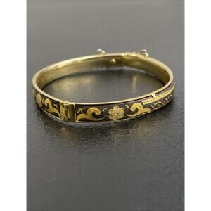 VTG DAMASCENE BANGLE BRACELET HINGED BIRDS FLOWERS SAFETY CHAIN